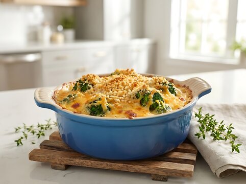Fresh homemade vegetable casserole in a blue ceramic pot on a wooden trivet in a bright home kitchen. gratin meal ideas