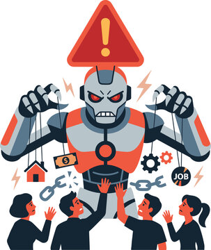 Angry robot controlling puppet strings over worried workers, representing AI threat to jobs and society in flat vector style