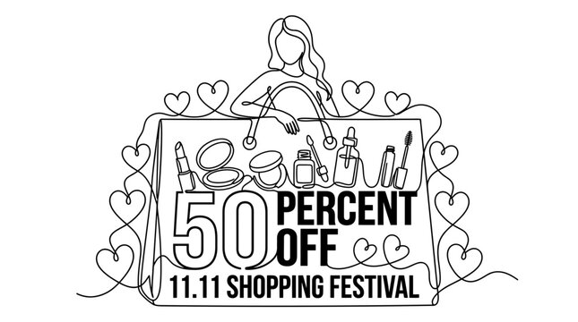 Continuous line drawing of a woman holding a large shopping bag filled with cosmetic products and makeup tools, featuring 50 percent off text for the 11.11 shopping festival promotional banner.