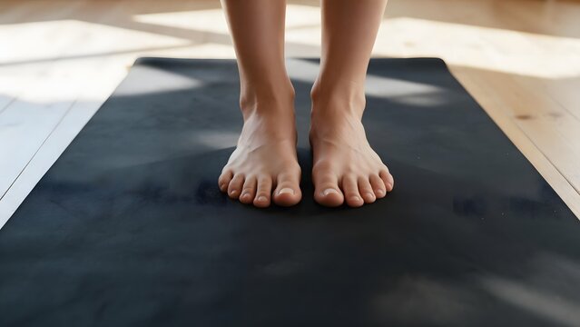 Bare feet standing on black yoga mat or scale