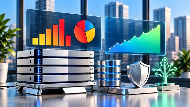 Digital data security and analytics concept with server racks database shield and growth charts on holographic screens in modern office