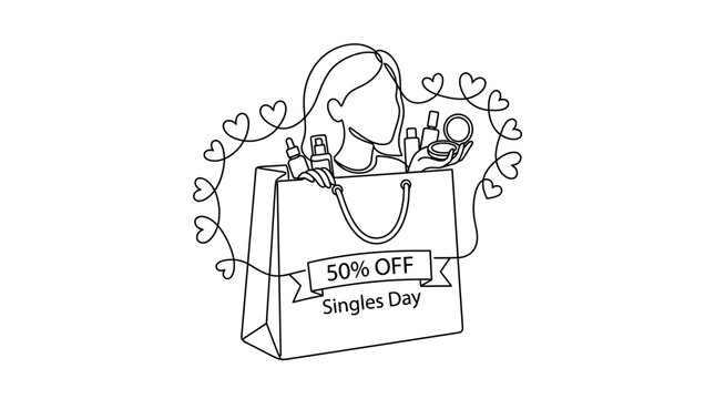 Minimalist Continuous Line Art Illustration of a Woman with Cosmetic Products and a Shopping Bag for Singles Day Sale Event, One Line Drawing Style for Beauty and Fashion Promotion