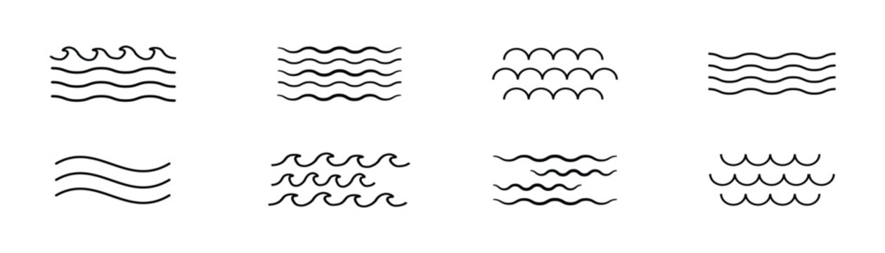 Black wave lines. Line horizontal water wave. Wavy sinusoidal outline horizontal divider, wavy smooth ripple stripes, straight and curved line. Vector isolated set of wave line pattern illustration