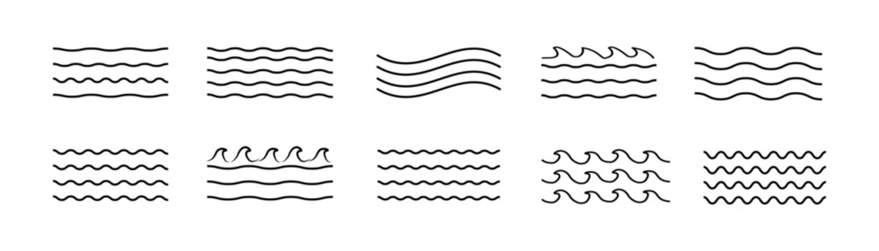 Black wave lines. Line horizontal water wave. Wavy sinusoidal outline horizontal divider, wavy smooth ripple stripes, straight and curved line. Vector isolated set of wave line pattern illustration