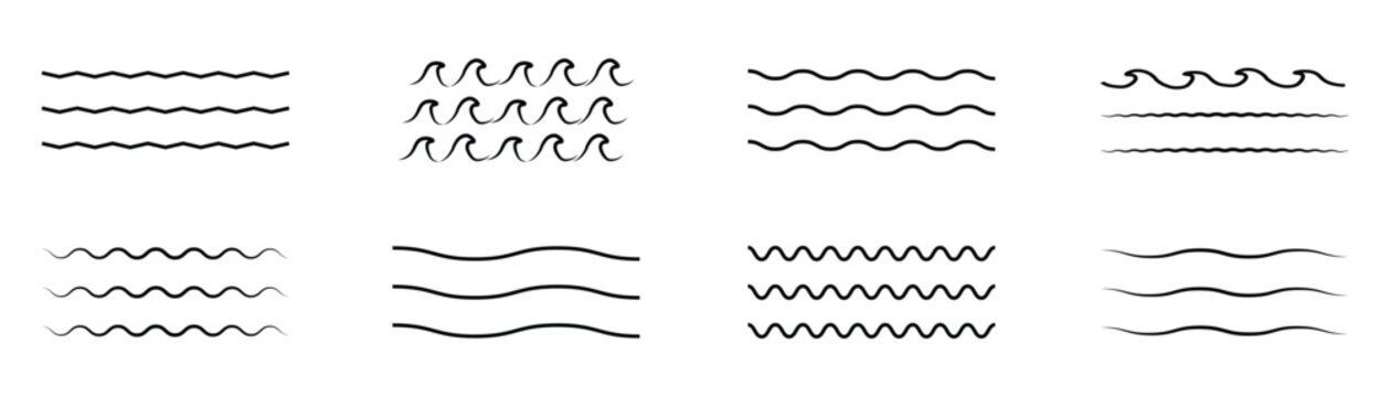 Black wave lines. Line horizontal water wave. Wavy sinusoidal outline horizontal divider, wavy smooth ripple stripes, straight and curved line. Vector isolated set of wave line pattern illustration