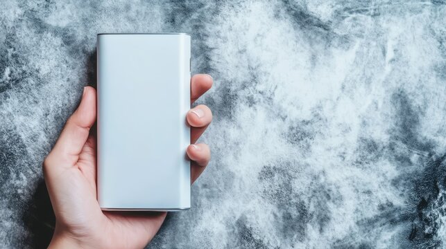 Person holding portable power bank device against textured stone surface background view