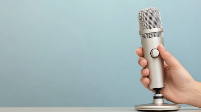 Hand holding modern silver condenser microphone for professional recording and podcasting isolated on blue background