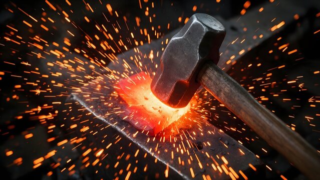Blacksmith hitting hot glowing metal with hammer producing sparks