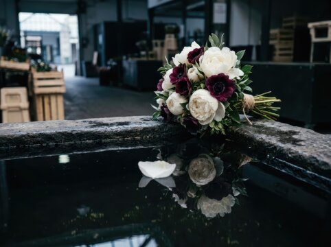 Bouquet of flowers resting beside a dark water basin