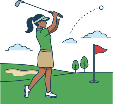 Female golfer in green top and visor completing swing on golf course with ball flight, red flag, and sand bunker in flat vector style