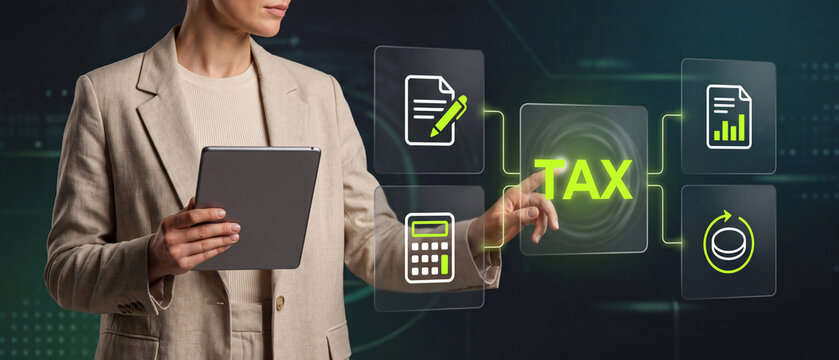 An accountant with a tablet points to icons representing taxes, a tax return, a financial report, and a calculator. Taxation and corporate accounting concept.