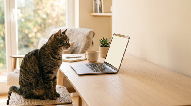 Cat sitting beside open laptop
