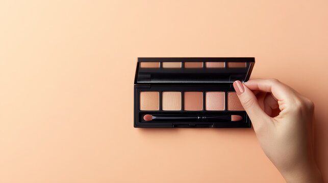 Hand opening professional eyeshadow makeup palette for beauty styling on minimalist warm beige studio background surface