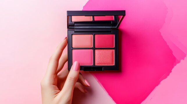Woman holding professional multi shade pink cosmetic makeup palette with mirror against vibrant fuchsia studio background