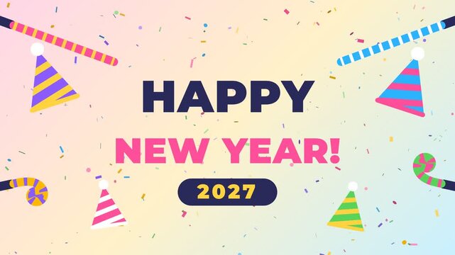 Happy New Year 2027 greeting with party hats, confetti and noisemakers on a gradient background