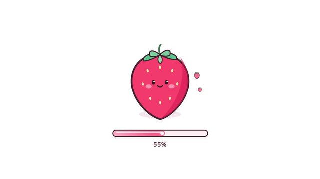 Kawaii strawberry loading bar animation progresses on a white background. cute fruit character indicates system status with percentage levels.