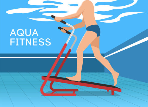 Vector sports poster. Aqua fitness on an underwater treadmill. Swimming pool, water and person walking. Visual illustration of benefits of water sports.