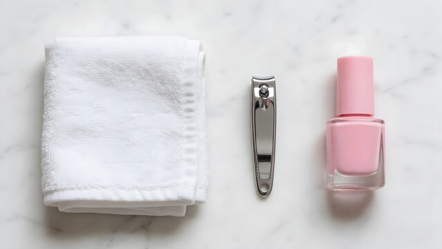 White towel nail clippers and pink polish flatlay