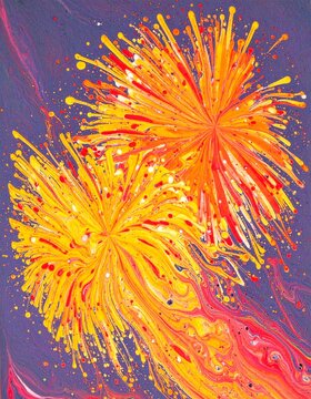 Colorful paint splashes creating a firework display on a purple background