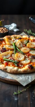 Pizza topped with pear slices, asparagus and melted cheese