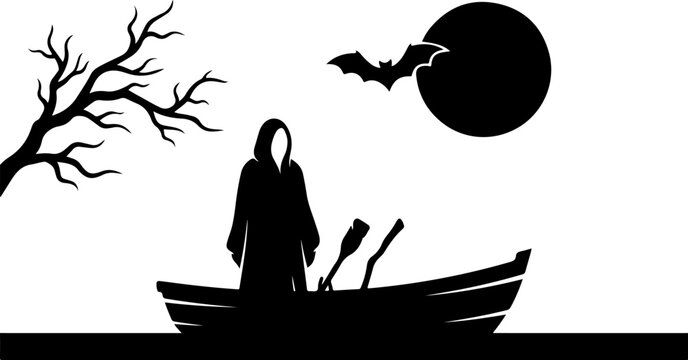 Grim reaper silhouette standing on a boat in a creepy lake under a full moon night.