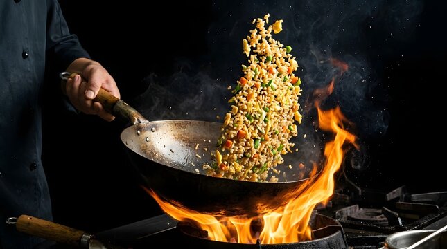 Chef tossing fried rice in a wok