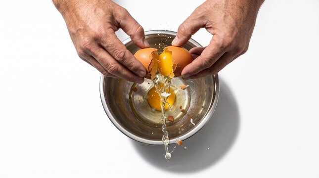 Hands cracking fresh brown chicken egg into stainless steel metal bowl for baking preparation photography studio lighting