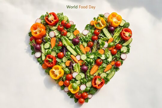 A heart shaped composition made of various fresh raw vegetables including bell peppers tomatoes carrots cucumbers radishes and green herbs for world food day celebration