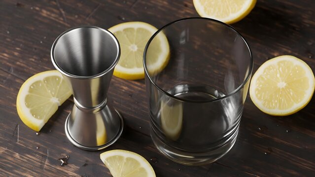 Metal cocktail jigger empty glass and fresh lemon slices