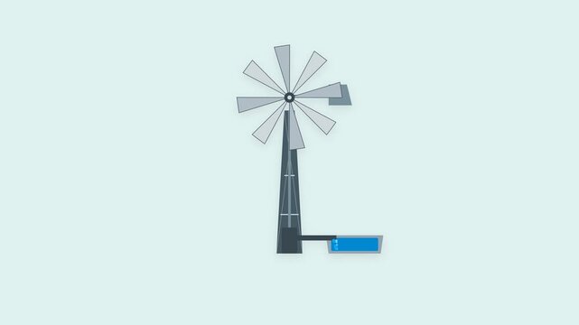 Industrial Wind Pump Mechanical System with Rotating Blades and Water Flowing into Trough in Blue and Gray