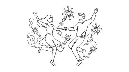 Obraz premium Happy young couple jumping and celebrating with fireworks around them in minimalist flat monochrome continuous line art style, perfect for party invitations or celebration theme concepts.
