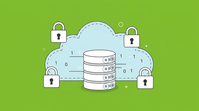 Secure cloud storage data center server protected with locks and encryption in motion video footage