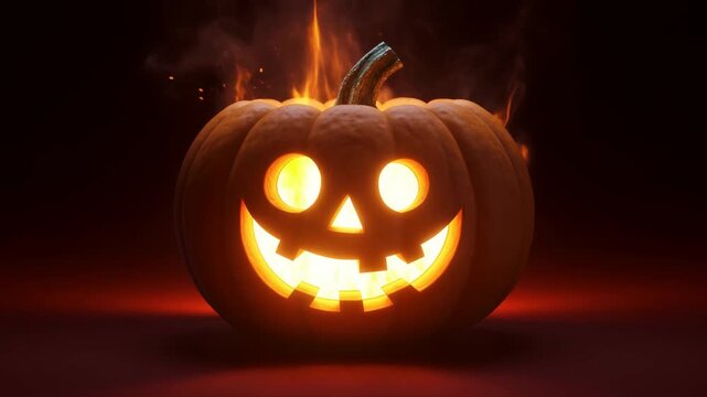 Glowing Carved Halloween Pumpkin as Flames Flicker Against a Dark Background