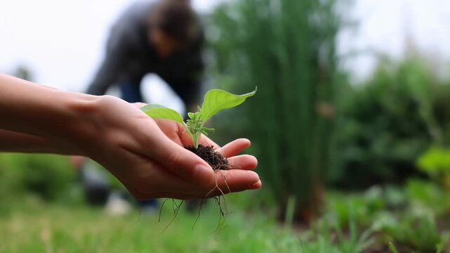 Hands Hold a Young Seedling with Exposed Roots in a Lush Garden