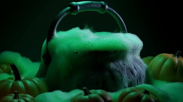 Foam spills over a black cauldron surrounded by pumpkins under eerie green light
