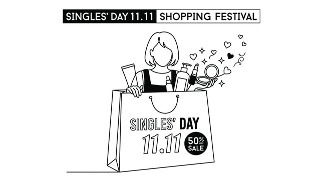 Monochrome flat vector illustration featuring a woman with a large shopping bag and beauty cosmetic products for the Singles' Day 11.11 shopping festival, seasonal sale and discount concept