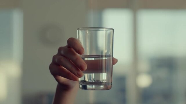 Hand Holding a Glass of Pink Liquid in a Bright Indoor Setting