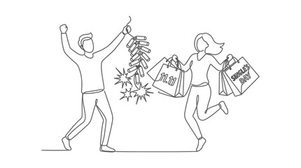 Fototapeta premium Continuous Line Drawing of a Happy Couple Celebrating Single's Day Shopping Festival with Firecrackers and Bags for 11.11 Global Sale Promotion, Minimalist Vector Illustration Design.