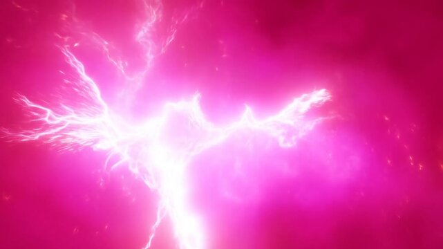 Branching white energy discharges spread out and pulse within pink, smoky clouds