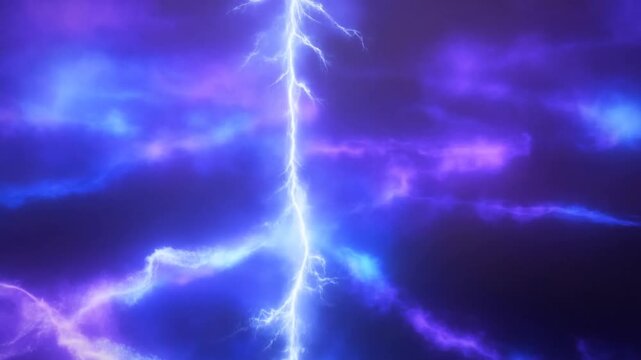Bright Lightning Bolt Flickers Through Swirling Blue and Purple Storm Clouds