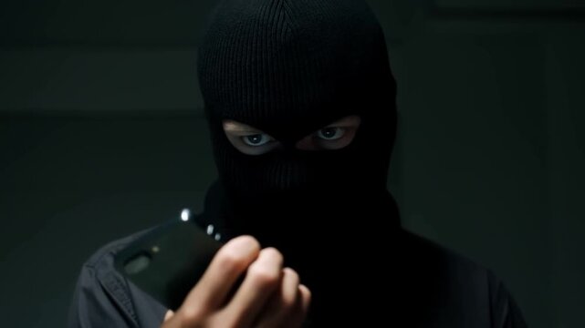 Masked person holds a smartphone near the face in a dim indoor setting