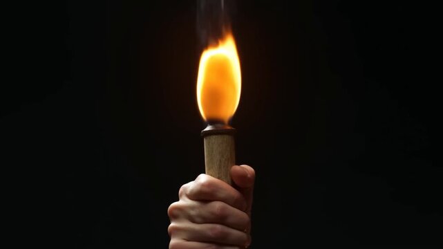 Hand Holding a Burning Wooden Torch with Flickering Flame Against a Dark Background