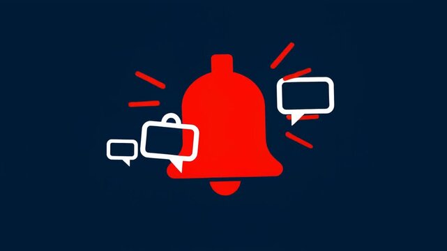 Red notification bell with speech bubbles and alert lines on a dark blue background
