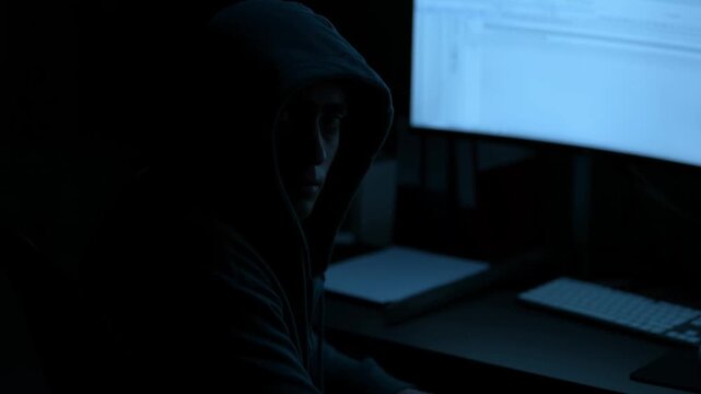 Hooded person sitting at a computer workstation in a dark blue-lit room