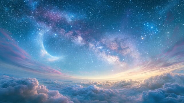 Magical Night Sky with Milky Way Galaxy and Glowing Crescent Moon over Clouds