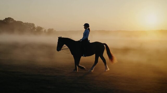 Equestrian Rider Guides a Horse Across a Misty Field at Golden Sunrise