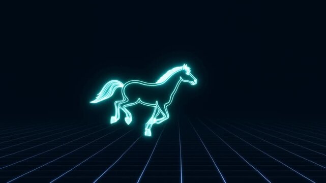 Glowing neon horse galloping across a futuristic blue grid in a dark digital space