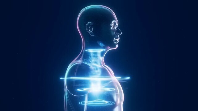 Translucent Human Profile with Glowing Rings Scanning the Body on a Dark Blue Background