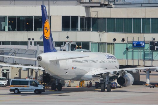 FRANKFURT, GERMANY - JUNE 6, 2013: Lufthansa Airbus A321 passenger aircraft at Frankfurt International Airport in Germany. Frankfurt Airport is one of the busiest airports in the world.