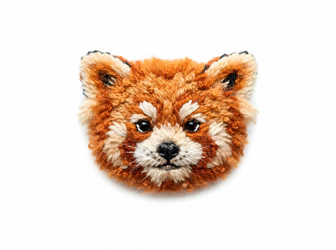 Cute red panda face with fluffy fur, round ears, and gentle expression on white background